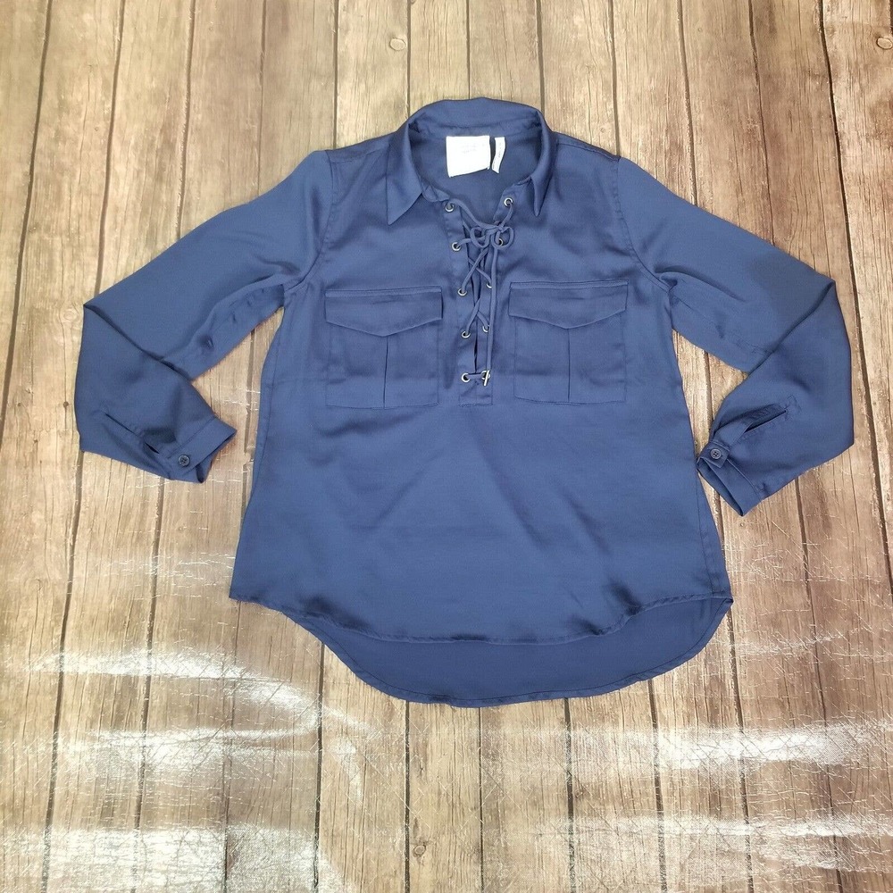 REVOLVE x L' Academie Womens Shirt Blue Size XS Extra Small Lace‎ Up Collared